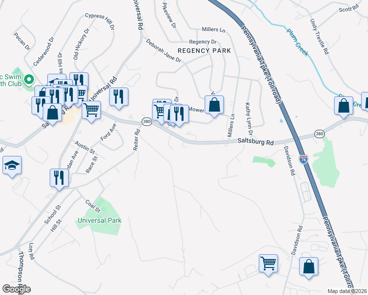 map of restaurants, bars, coffee shops, grocery stores, and more near 7640 Saltsburg Road in Pittsburgh