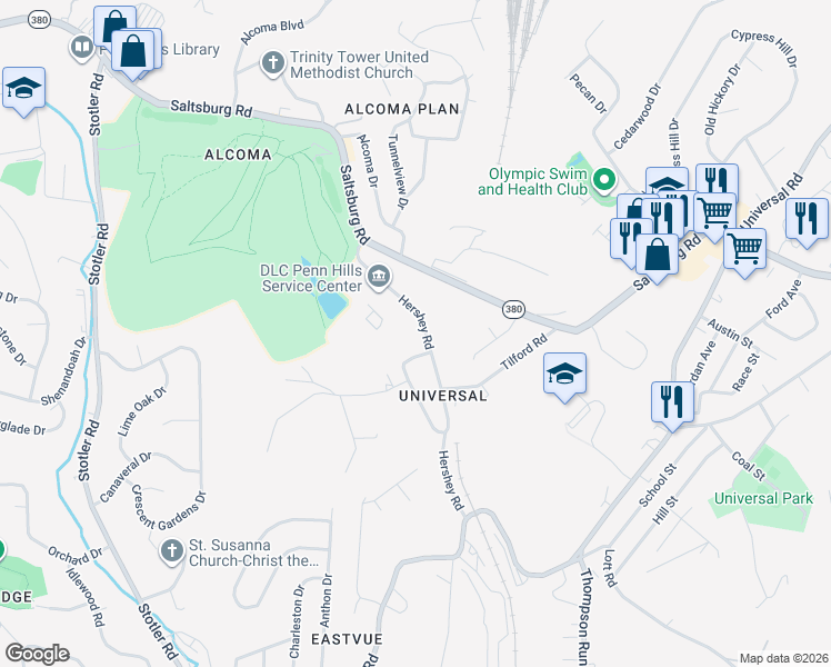 map of restaurants, bars, coffee shops, grocery stores, and more near 407 Hershey Road in Pittsburgh