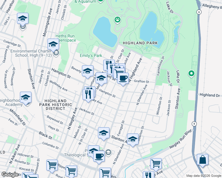 map of restaurants, bars, coffee shops, grocery stores, and more near 5914 Bryant Court in Pittsburgh