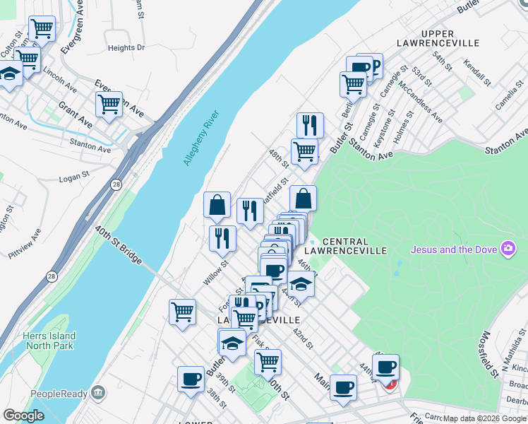map of restaurants, bars, coffee shops, grocery stores, and more near 148 Holly Way in Pittsburgh