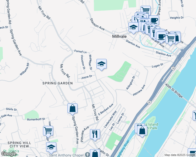 map of restaurants, bars, coffee shops, grocery stores, and more near 2379 East Beckert Avenue in Pittsburgh