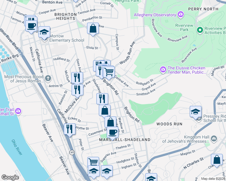 map of restaurants, bars, coffee shops, grocery stores, and more near 3121 Brighton Road in Pittsburgh