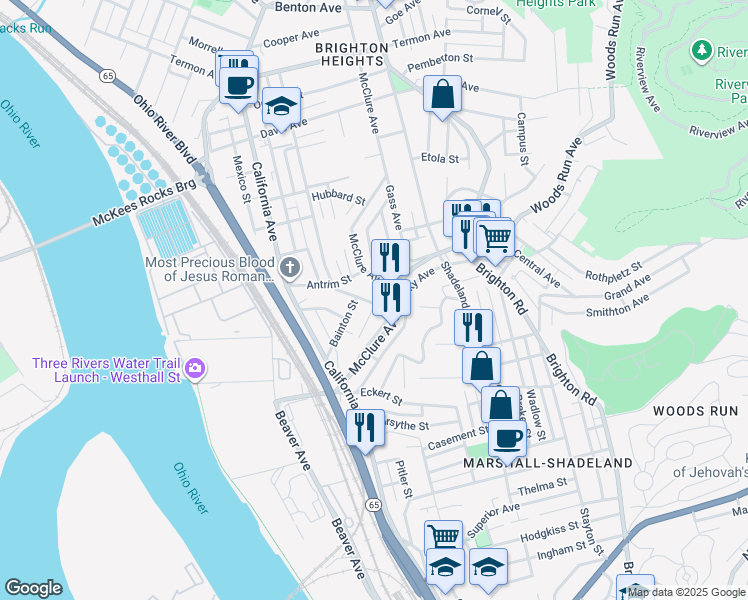 map of restaurants, bars, coffee shops, grocery stores, and more near 3214 Richardson Avenue in Pittsburgh