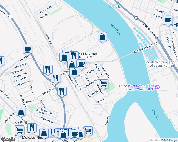 map of restaurants, bars, coffee shops, grocery stores, and more near 304 Olivia Street in McKees Rocks