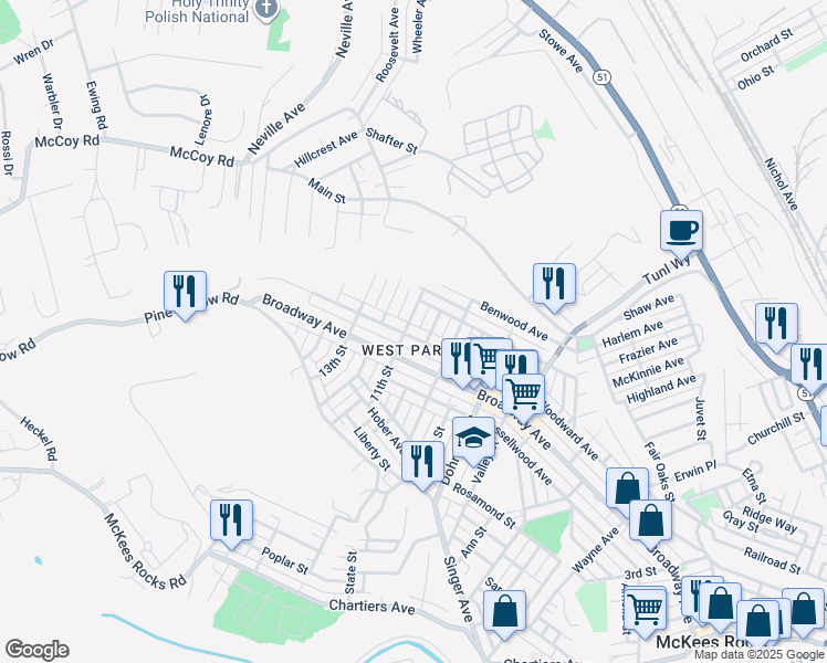 map of restaurants, bars, coffee shops, grocery stores, and more near 935 Woodward Avenue in McKees Rocks