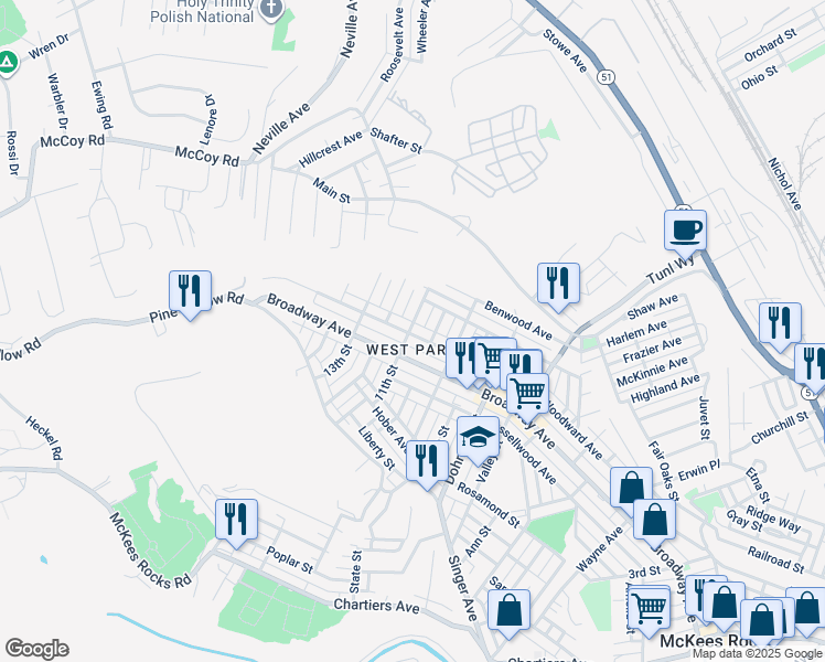 map of restaurants, bars, coffee shops, grocery stores, and more near 935 Woodward Avenue in McKees Rocks