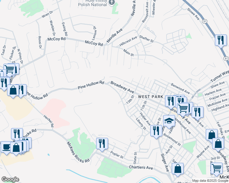 map of restaurants, bars, coffee shops, grocery stores, and more near 1411 Pine Hollow Road in McKees Rocks