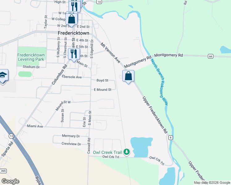 map of restaurants, bars, coffee shops, grocery stores, and more near 16 Arrowhead Drive in Fredericktown