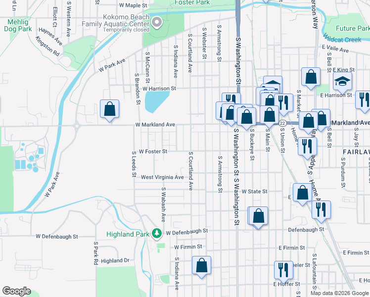 map of restaurants, bars, coffee shops, grocery stores, and more near 610 West Foster Street in Kokomo