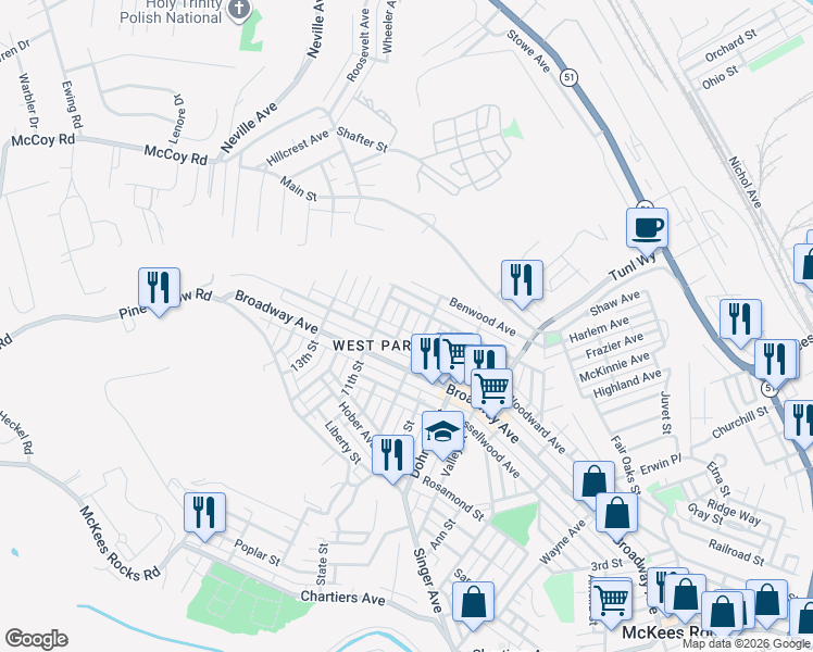 map of restaurants, bars, coffee shops, grocery stores, and more near 816 9th Street in McKees Rocks
