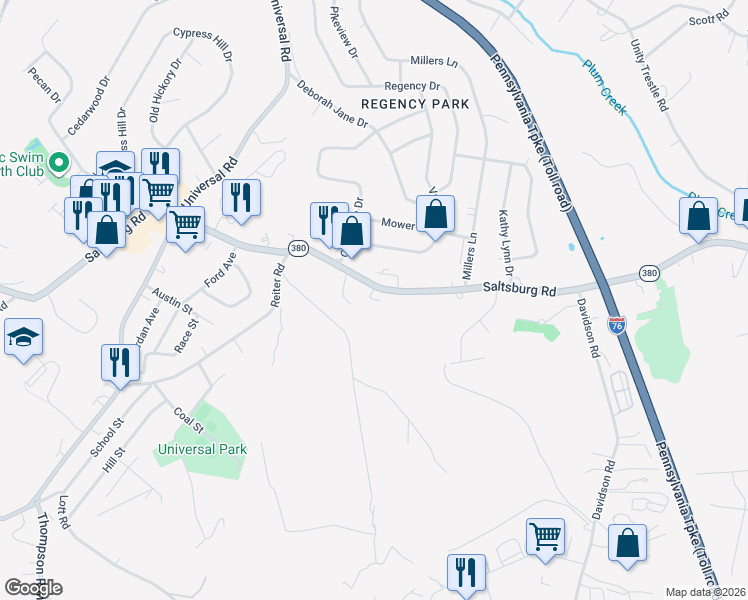 map of restaurants, bars, coffee shops, grocery stores, and more near 7640 Saltsburg Road in Pittsburgh