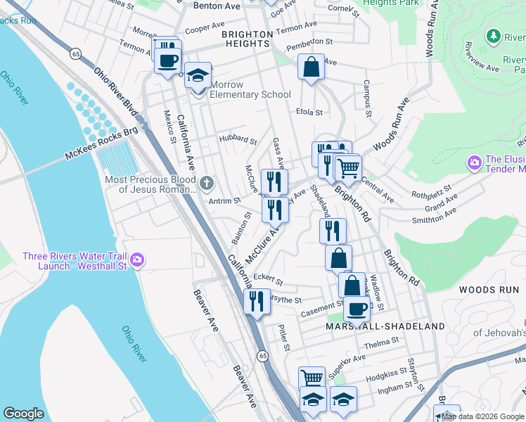 map of restaurants, bars, coffee shops, grocery stores, and more near 3214 Richardson Avenue in Pittsburgh