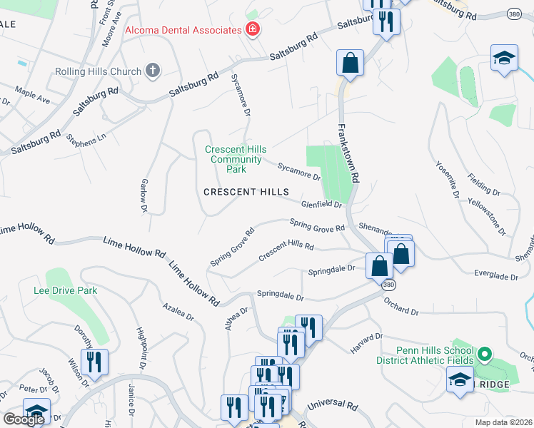 map of restaurants, bars, coffee shops, grocery stores, and more near 136 Spring Grove Rd in Pittsburgh