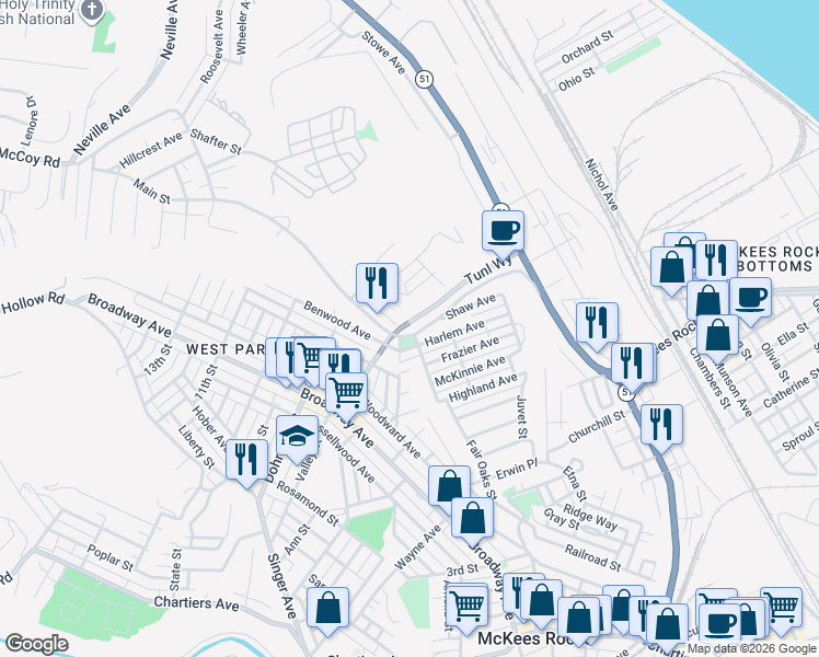 map of restaurants, bars, coffee shops, grocery stores, and more near 92 Harlem Avenue in McKees Rocks