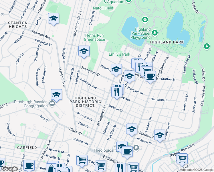 map of restaurants, bars, coffee shops, grocery stores, and more near 1019 North Negley Avenue in Pittsburgh