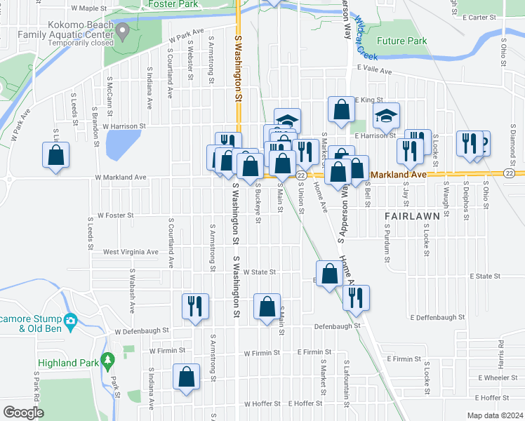 map of restaurants, bars, coffee shops, grocery stores, and more near 1048 South Buckeye Street in Kokomo