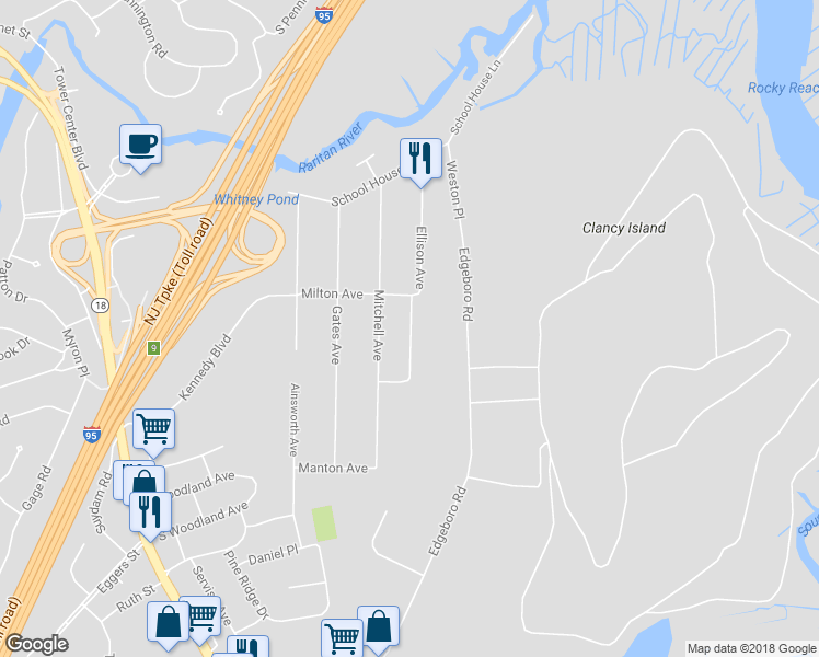 map of restaurants, bars, coffee shops, grocery stores, and more near 37 Ellison Avenue in East Brunswick