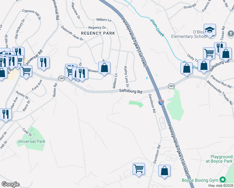 map of restaurants, bars, coffee shops, grocery stores, and more near 121 Willow Village Drive in Pittsburgh