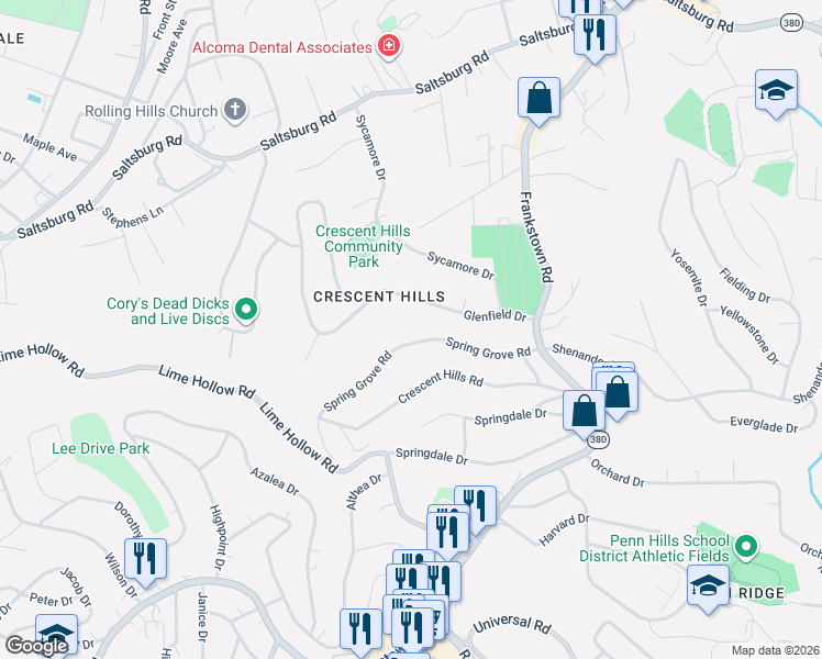 map of restaurants, bars, coffee shops, grocery stores, and more near 136 Spring Grove Road in Pittsburgh
