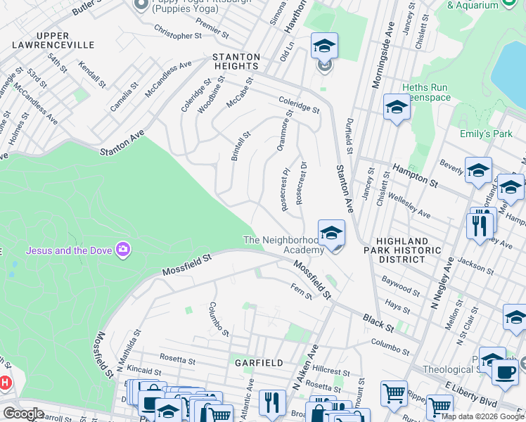 map of restaurants, bars, coffee shops, grocery stores, and more near 230 Schenley Manor Drive in Pittsburgh