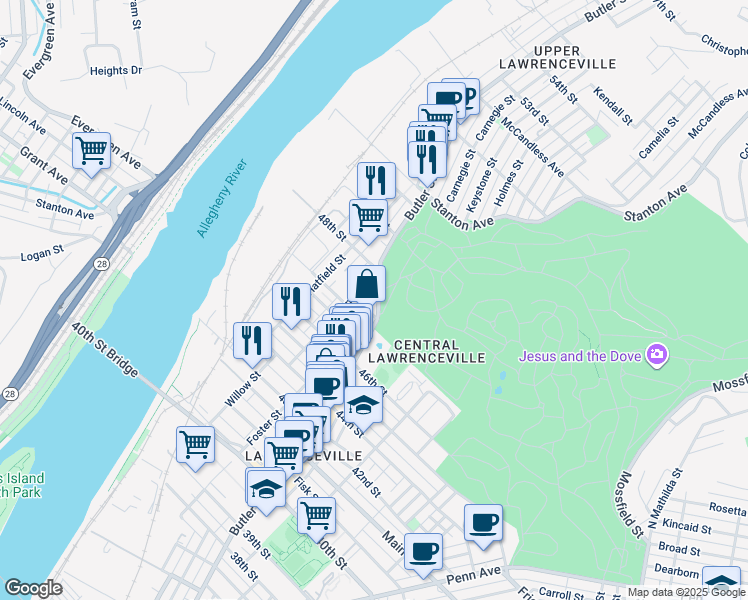 map of restaurants, bars, coffee shops, grocery stores, and more near in Pittsburgh