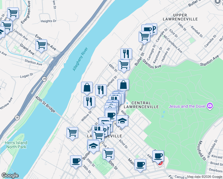 map of restaurants, bars, coffee shops, grocery stores, and more near 148 Holly Way in Pittsburgh