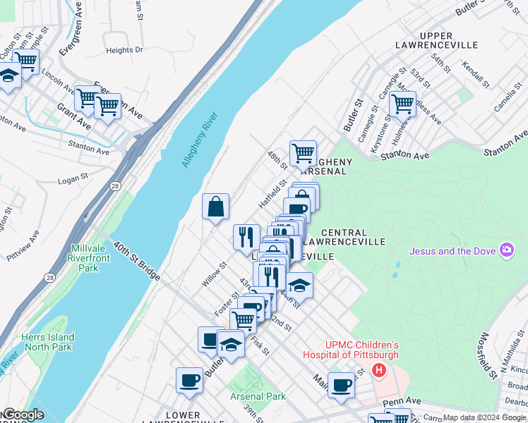 map of restaurants, bars, coffee shops, grocery stores, and more near 148 Holly Way in Pittsburgh