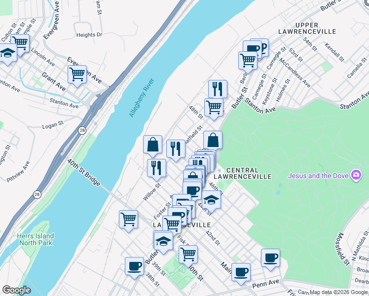 map of restaurants, bars, coffee shops, grocery stores, and more near 148 Holly Way in Pittsburgh