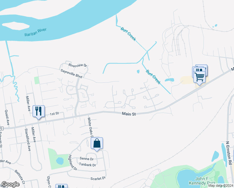 map of restaurants, bars, coffee shops, grocery stores, and more near 18 Pero Court in Sayreville
