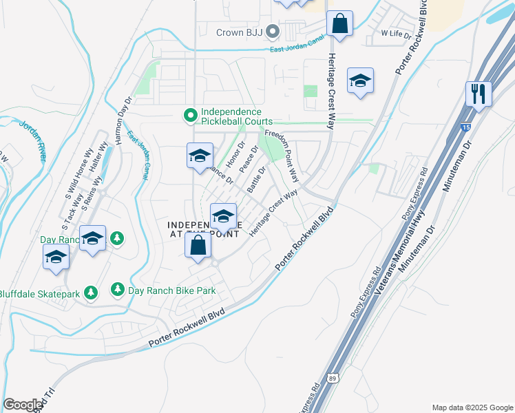 map of restaurants, bars, coffee shops, grocery stores, and more near 15217 Republic Drive in Bluffdale
