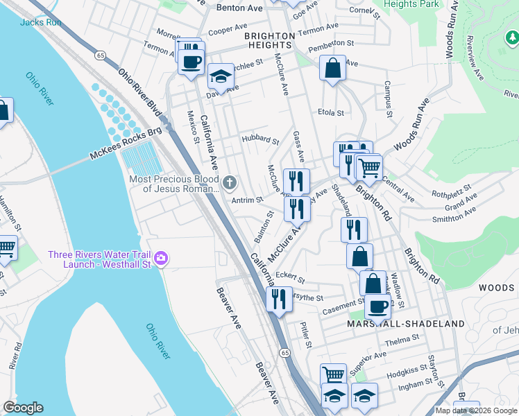map of restaurants, bars, coffee shops, grocery stores, and more near 3261 Bainton Street in Pittsburgh