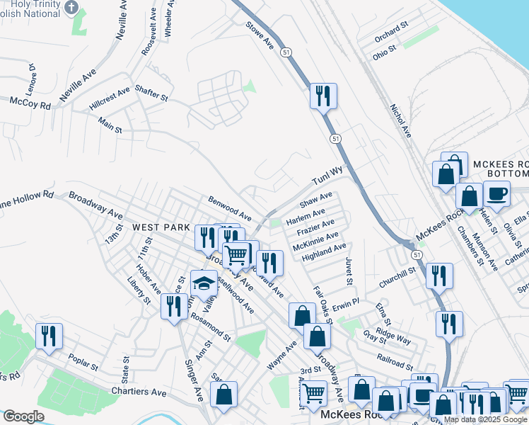 map of restaurants, bars, coffee shops, grocery stores, and more near 223 McCoy Road in McKees Rocks