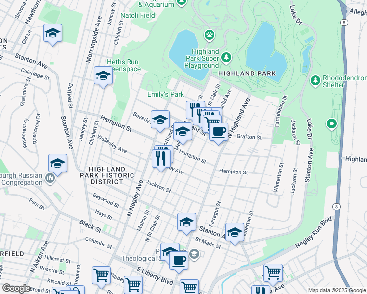 map of restaurants, bars, coffee shops, grocery stores, and more near 5799 Hampton Street in Pittsburgh