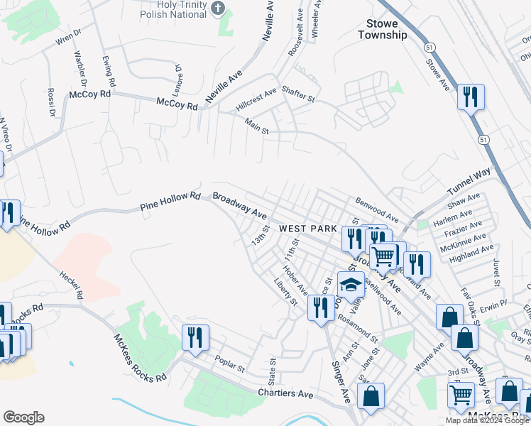 map of restaurants, bars, coffee shops, grocery stores, and more near 1306 Broadway Avenue in McKees Rocks