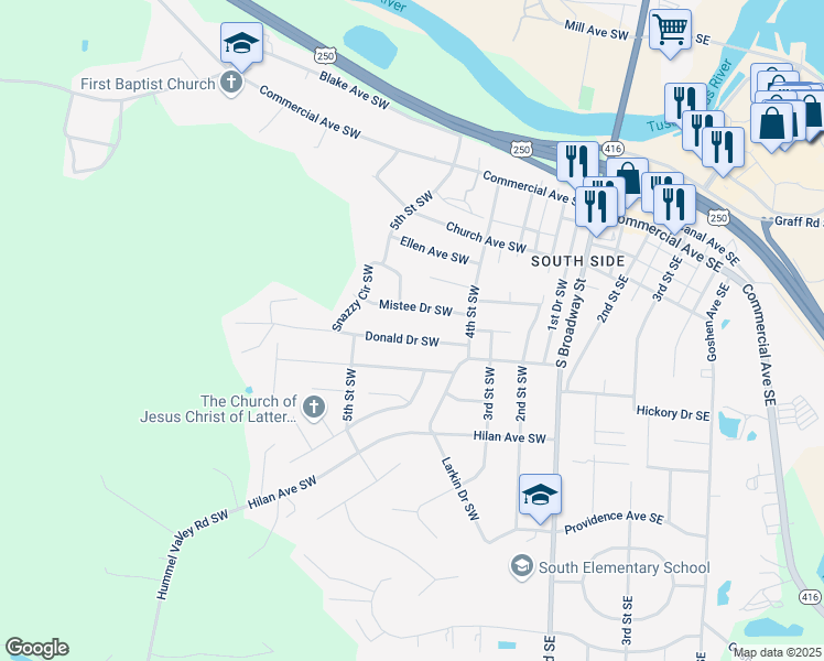 map of restaurants, bars, coffee shops, grocery stores, and more near 456 Donald Drive Southwest in New Philadelphia
