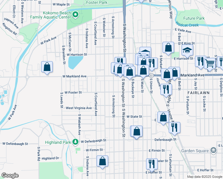 map of restaurants, bars, coffee shops, grocery stores, and more near 415 West Foster Street in Kokomo