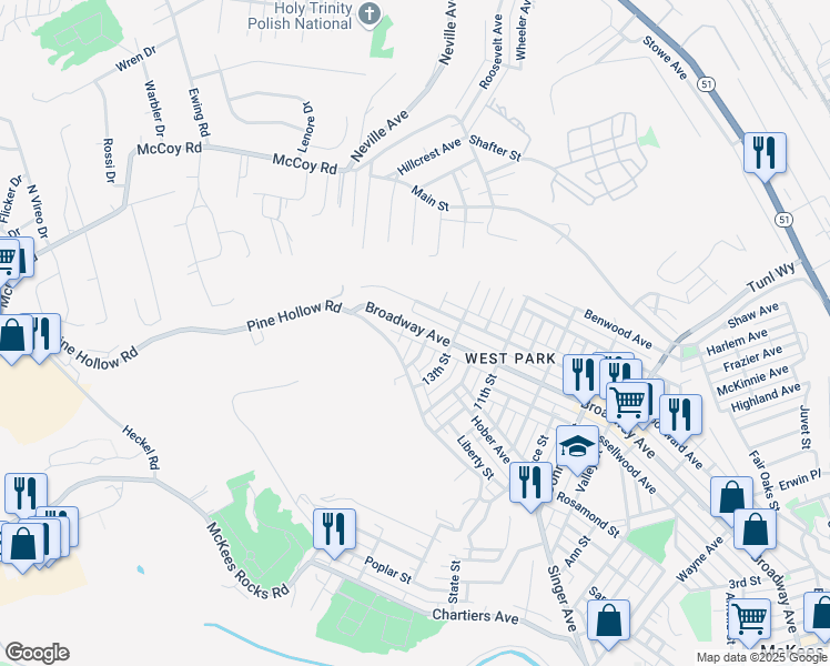 map of restaurants, bars, coffee shops, grocery stores, and more near 1101 14th Street in McKees Rocks
