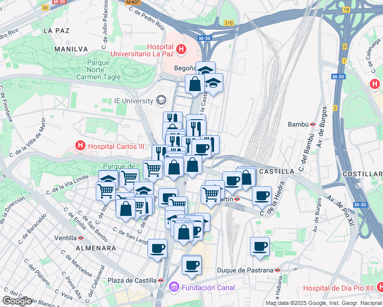 map of restaurants, bars, coffee shops, grocery stores, and more near 278 Paseo de la Castellana in Madrid