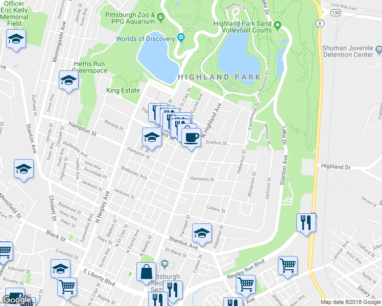 map of restaurants, bars, coffee shops, grocery stores, and more near 1200 North Highland Avenue in Pittsburgh