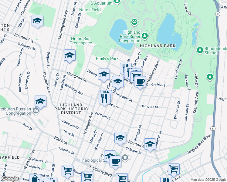 map of restaurants, bars, coffee shops, grocery stores, and more near 1023 Mellon Street in Pittsburgh