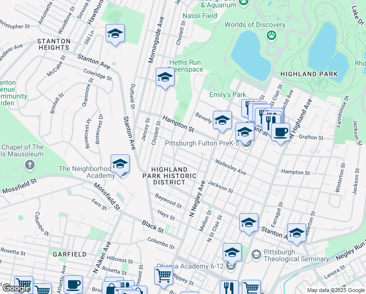 map of restaurants, bars, coffee shops, grocery stores, and more near 5514 Wellesley Avenue in Pittsburgh