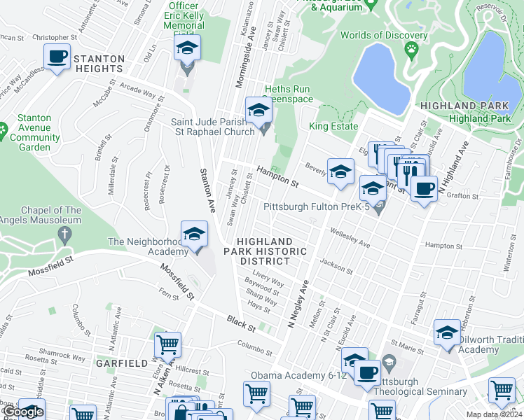 map of restaurants, bars, coffee shops, grocery stores, and more near 900 Highview Street in Pittsburgh