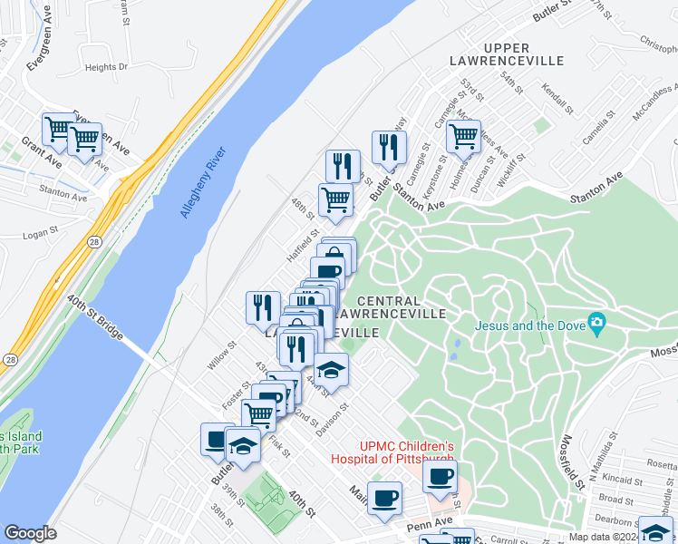 map of restaurants, bars, coffee shops, grocery stores, and more near in Pittsburgh