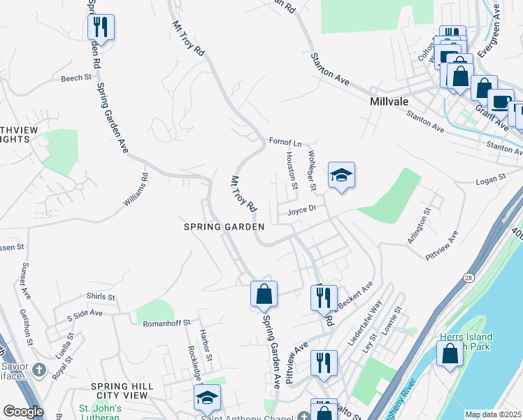 map of restaurants, bars, coffee shops, grocery stores, and more near 2734 Mount Troy Road in Pittsburgh