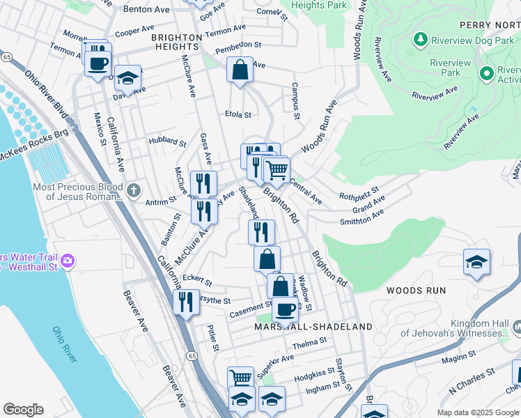 map of restaurants, bars, coffee shops, grocery stores, and more near 3138 Frederick Street in Pittsburgh