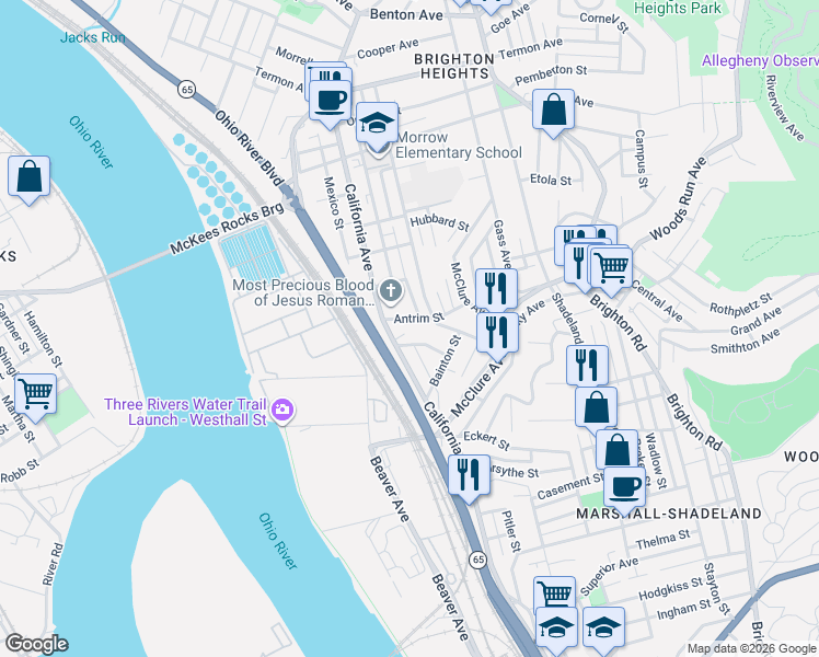 map of restaurants, bars, coffee shops, grocery stores, and more near 3242 California Avenue in Pittsburgh