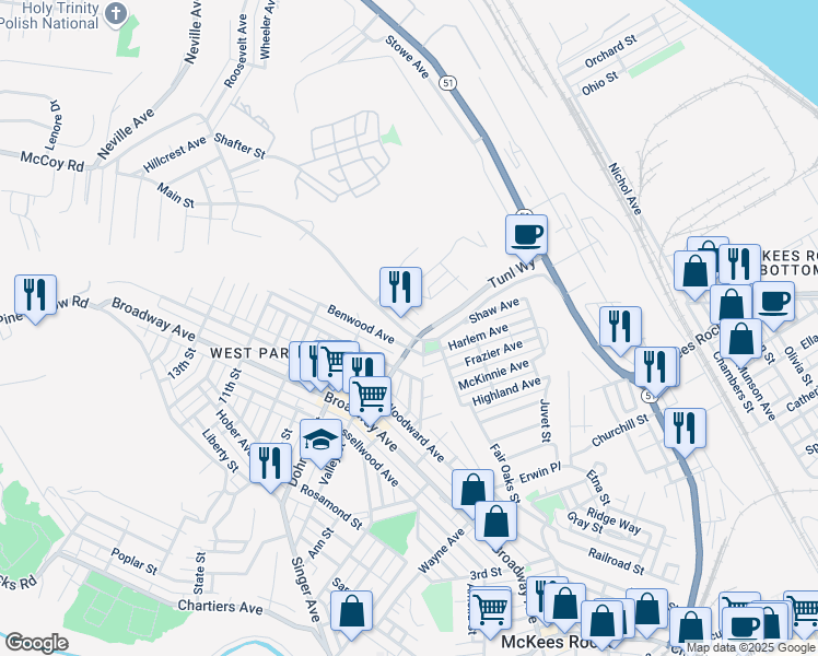 map of restaurants, bars, coffee shops, grocery stores, and more near 223 McCoy Road in McKees Rocks