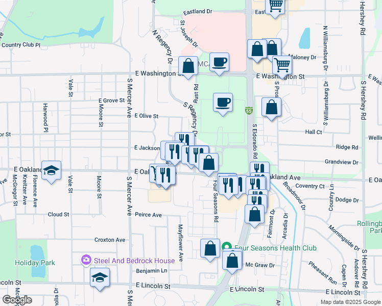 map of restaurants, bars, coffee shops, grocery stores, and more near 2310 East Oakland Avenue in Bloomington