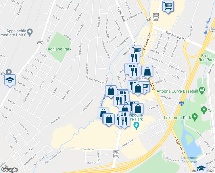 map of restaurants, bars, coffee shops, grocery stores, and more near 611 South Terrace Drive in Altoona