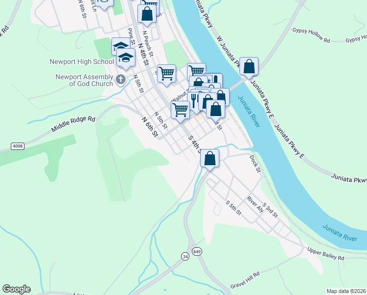 map of restaurants, bars, coffee shops, grocery stores, and more near 501 Mulberry Street in Newport